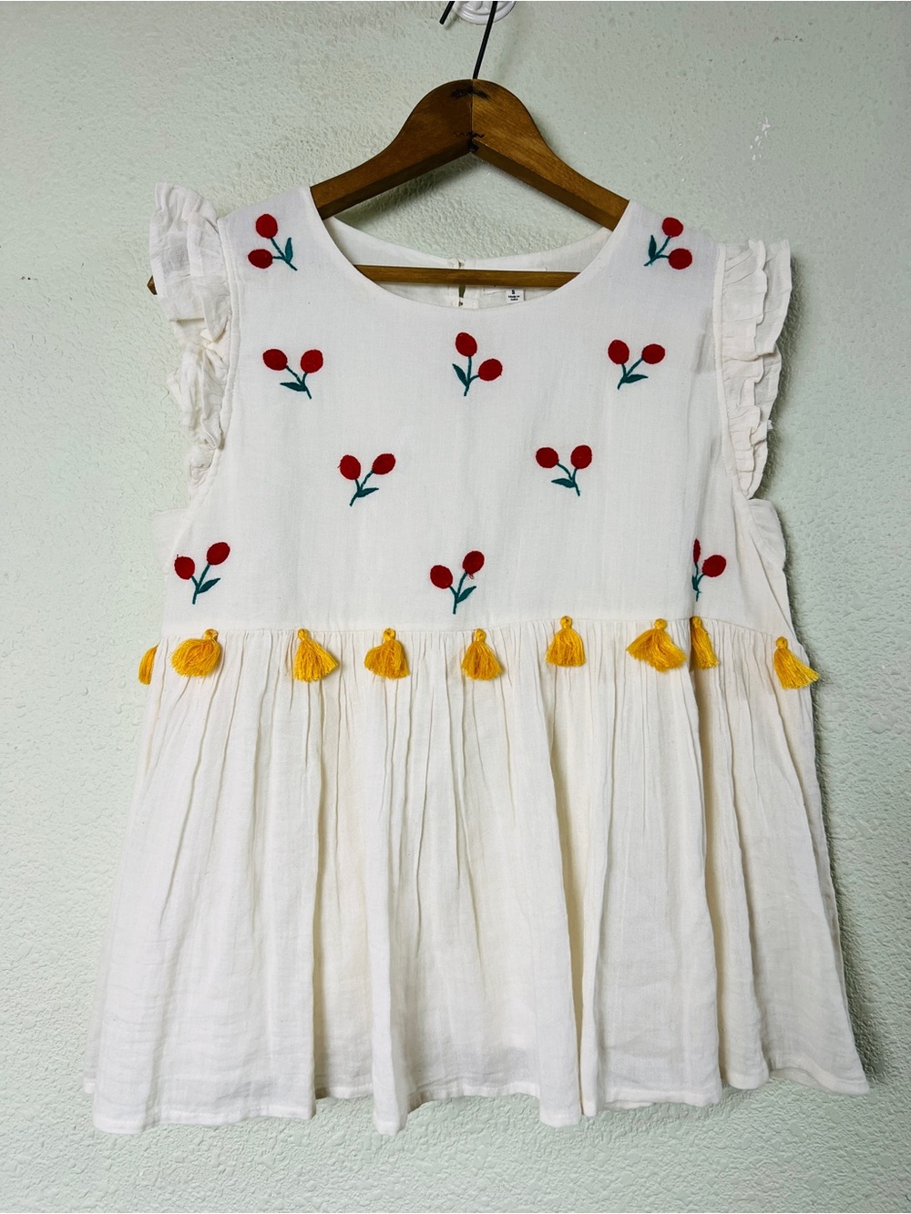 THML Anthropologie Cotton bohemian babydoll embroidered ruffle cherries blouse S